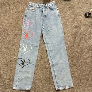 PLAYBOY Women's Light Blue Jeans with Multicolor Heart Accents